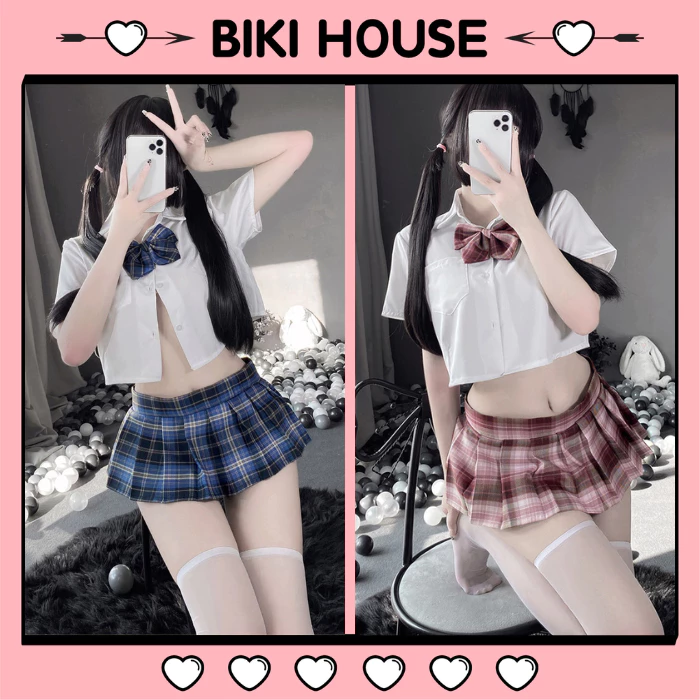 Đồ cosplay học sinh Nhật Bản tặng nơ dễ thương đáng yêu set ngủ nữ sinh xòe xếp ly sexy gợi cảm BIKI HOUSE N766 - TPHCM