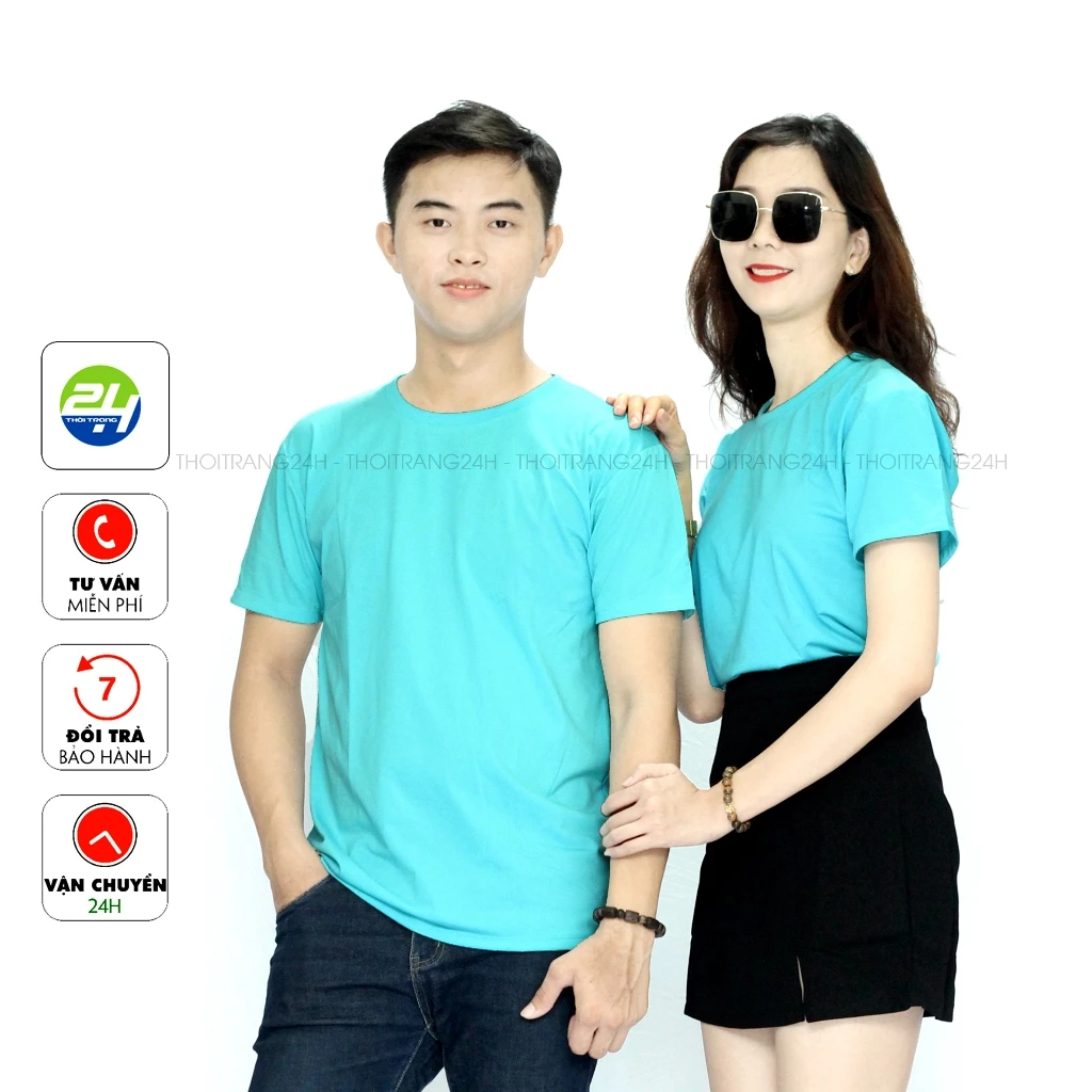 Áo Thun Màu Xanh Thiên Thanh_Xanh Ngọc THOITRANG24H Ngắn Tay Cổ Tròn Cho Cả Nam và Nữ