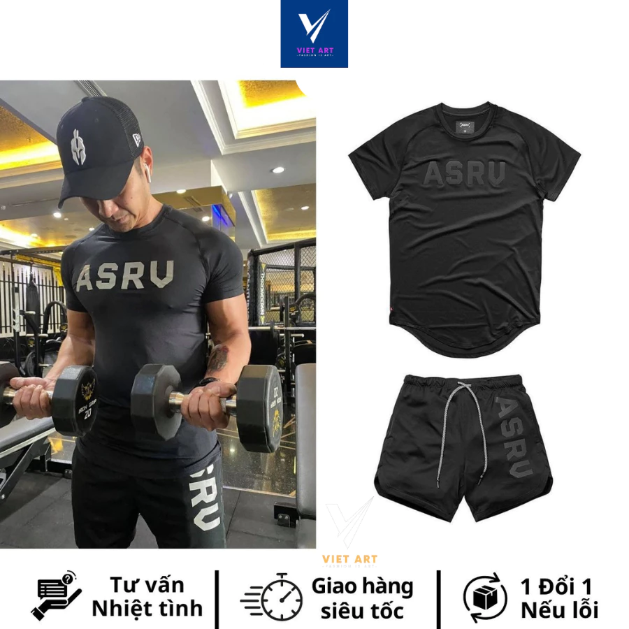 Bộ Đồ Tập Gym Thể Thao Nam ASRV Cộc Tay Thun Lạnh Co Giãn 4C Thấm Hút Mồ Hôi A005