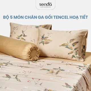 Bộ chăn ga gối 5 món Lụa Tencel Sen Đá Home Bedding cao cấp họa tiết, Set drap giường nệm 1m6 1m8 Lyocell Satin 60S