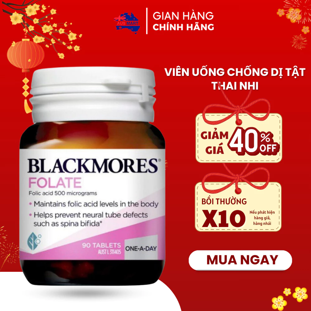 Viên uống chống dị tật thai nhi Blackmores Folate 500mcg, Úc (90 viên) Mẹ tròn con vuông