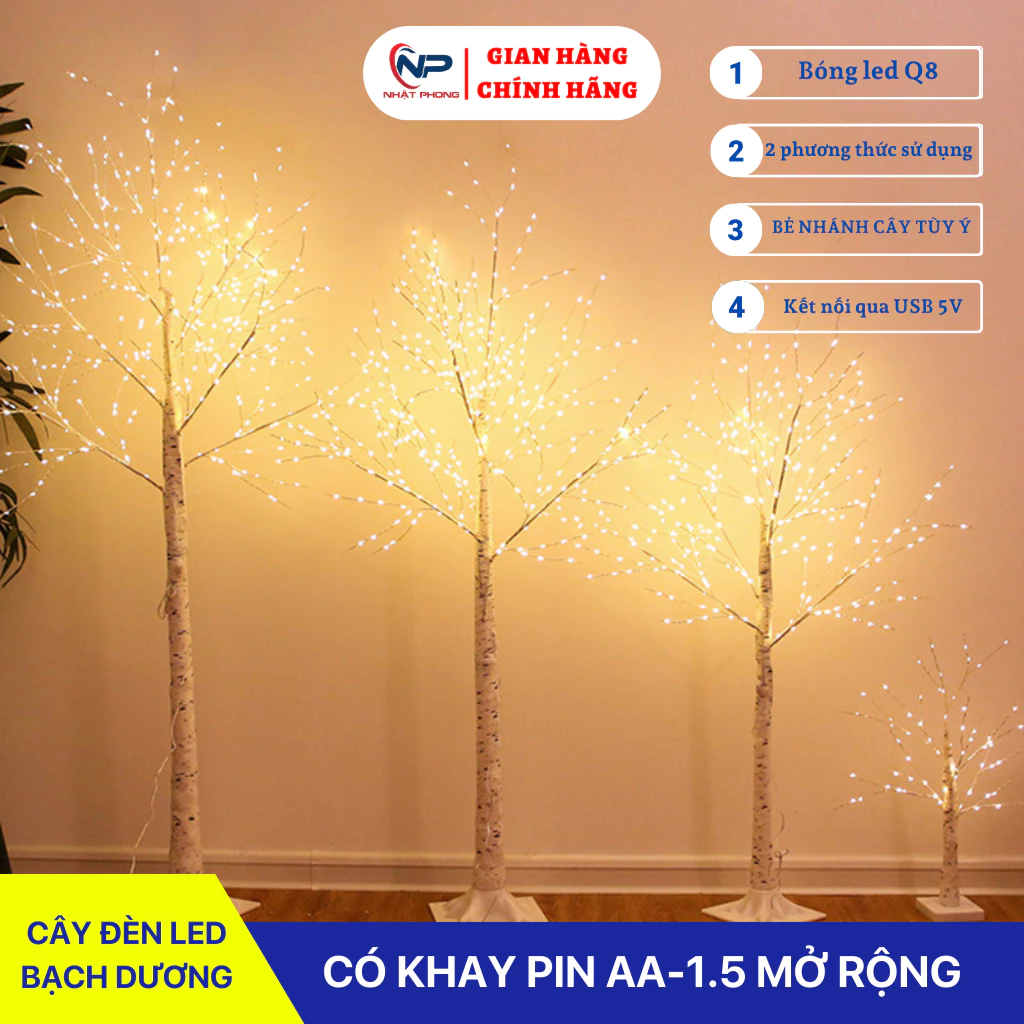Đèn led trang trí hình cây Bạch Dương decor phòng trang tri tết 2026 noel quán Coffee siêu lung linh,nhiều kích thước
