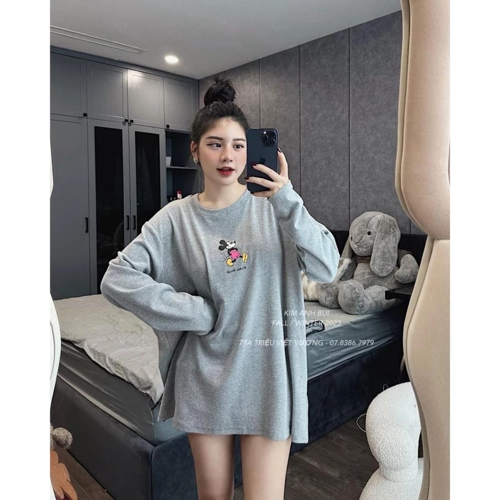 Áo Phông Áo Kiểu Nữ Áo Thun Nữ Dài Tay Dáng Thụng Xẻ Hông Cotton 40-70KG mẫu AOMICKEYDENTANXEKAB. D430