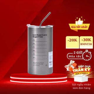 Bình đựng nước giữ nhiệt Iced Americano có ống hút dung tích 600ml, Ly cốc giữ nhiệt cute uống cà phê dùng văn phòng