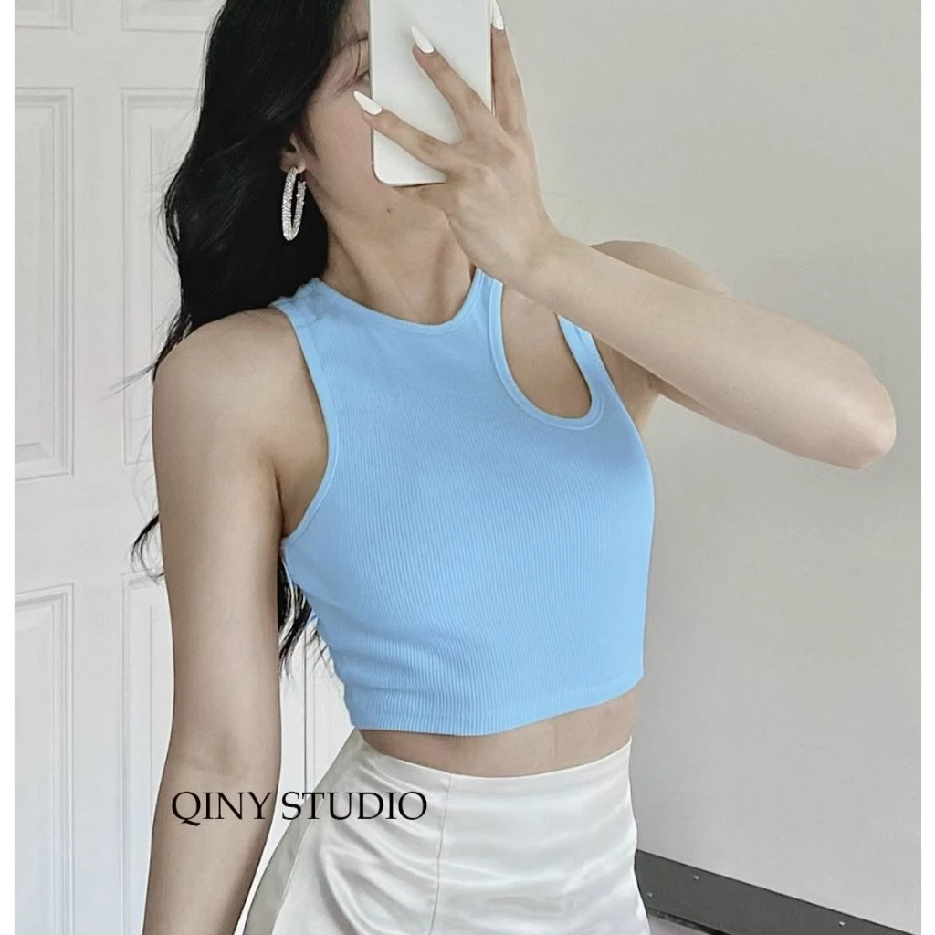 Áo croptop nữ kiểu khoét vai cá tính chất thun gân co dãn loại 1 dáng ba lỗ ôm body Qiny Studio