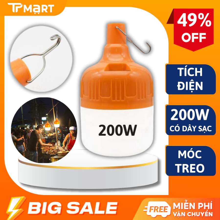 Bóng đèn tích điện công suất 150W siêu sáng, Bóng đèn led tích điện có móc treo tiện lợi