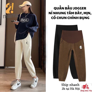 Quần Jogger bầu 2mama mùa đông chất  NỈ NHUNG TĂM bo gấu dáng thể thao BIGSIZE