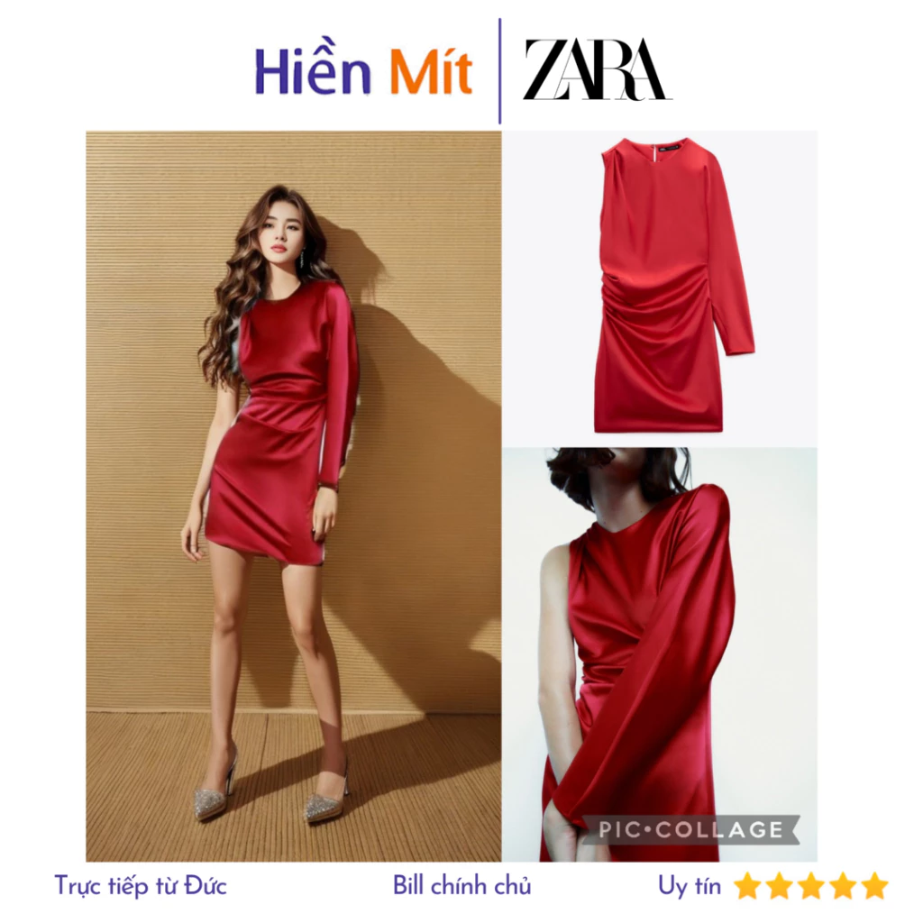 (Size XS) ZARA Đức - Đầm lụa phi bóng lệch vai tay dài một bên màu đỏ sale auth new tag cao cấp có sẵn 4688/211