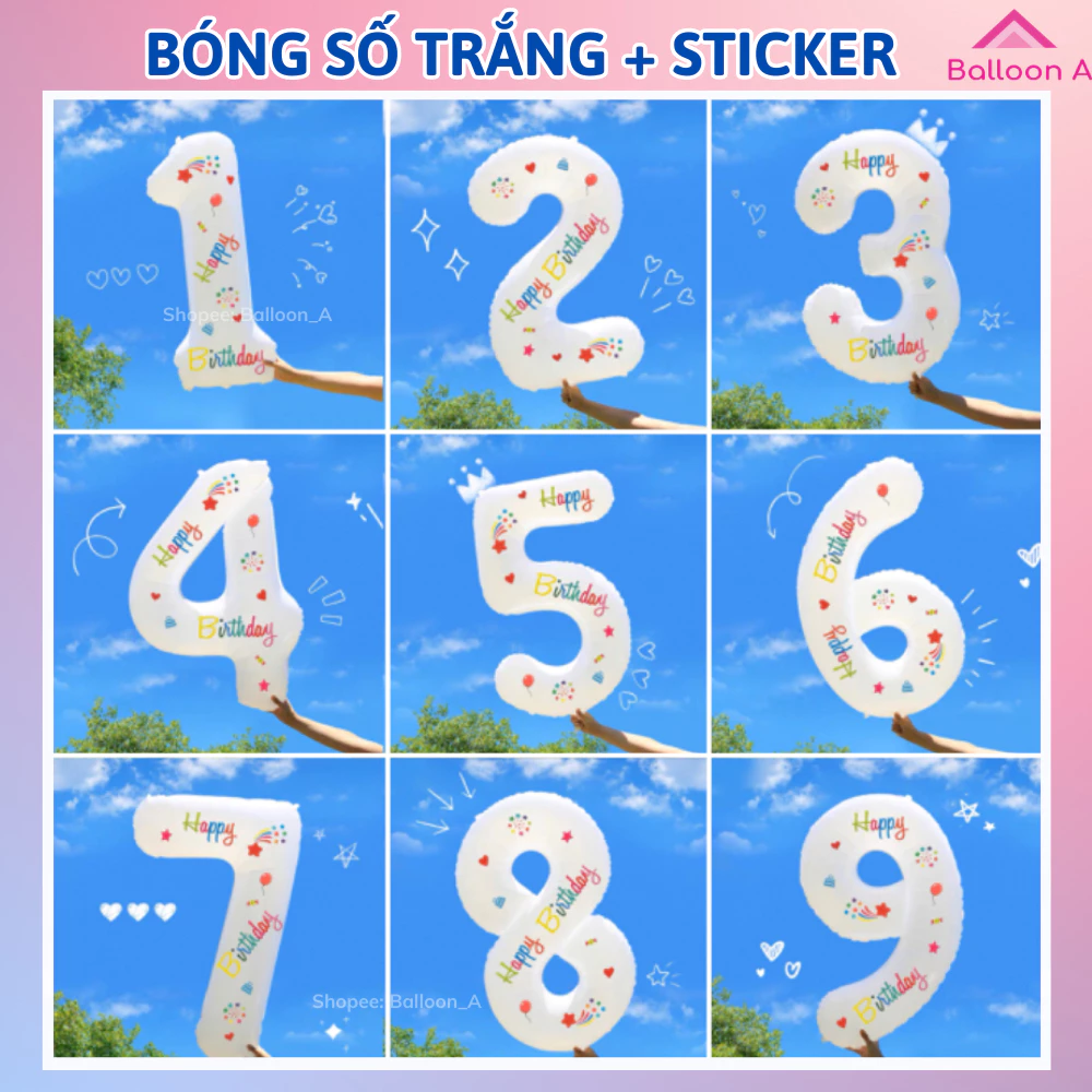 Bóng Số Tuổi Sinh Nhật Màu Trắng Sữa Dán Sticker Size Đại 70cm, Miếng dán stiker trang trí sinh nhật