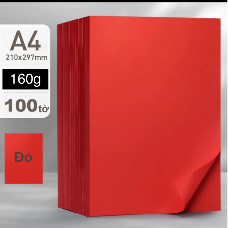 Tập 100 tờ giấy bìa màu đỏ tươi 2 mặt loại dày định lượng 160gsm khổ A4