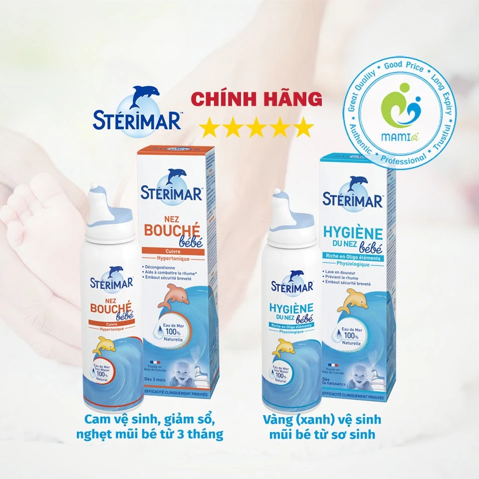 Xịt muối biển cá heo vàng xanh và cá heo cam (100ml) vệ sinh, hỗ trợ sổ mũi, nghẹt mũi cho bé 0-3 tuổi Sterimar, Pháp