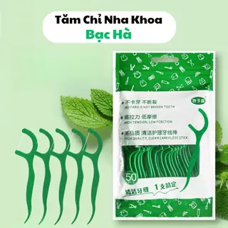 Tăm Chỉ Nha Khoa Bạc Hà Túi 50 Que, Túi Tăm Chỉ Nha Khoa Bạc Hà Ngăn Ngừa Hôi Miệng Làm Sạch Mảng Bám