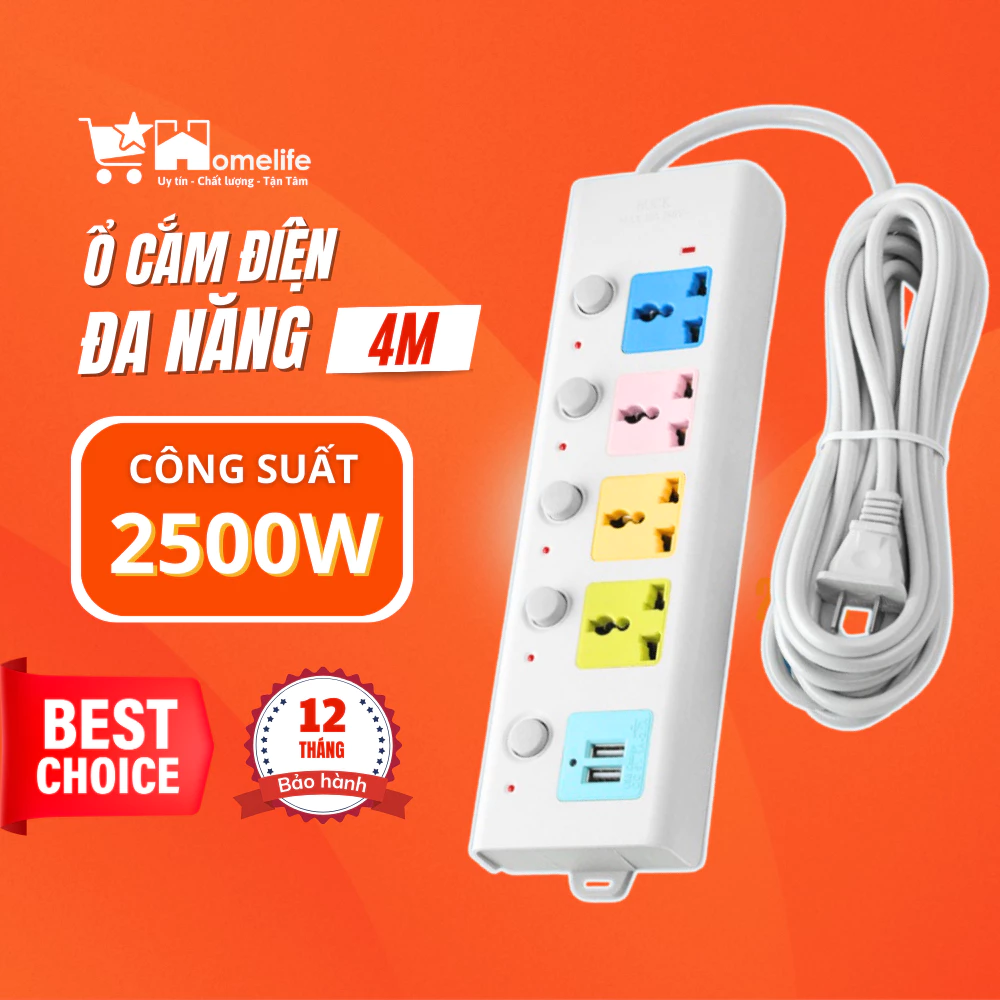 Ổ Cắm Điện USB Đa Năng Cao Cấp Chống Giật Dây Dài 4m, 2 Cổng Cắm USB Có Chốt An Toàn Tiện Dụng OD01