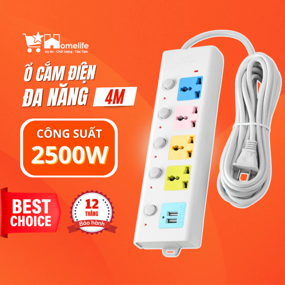 Ổ Cắm Điện USB Đa Năng Cao Cấp Chống Giật Dây Dài 4m Công suất 2500W, 2 Cổng Cắm USB Có Chốt An Toàn Tiện Dụng