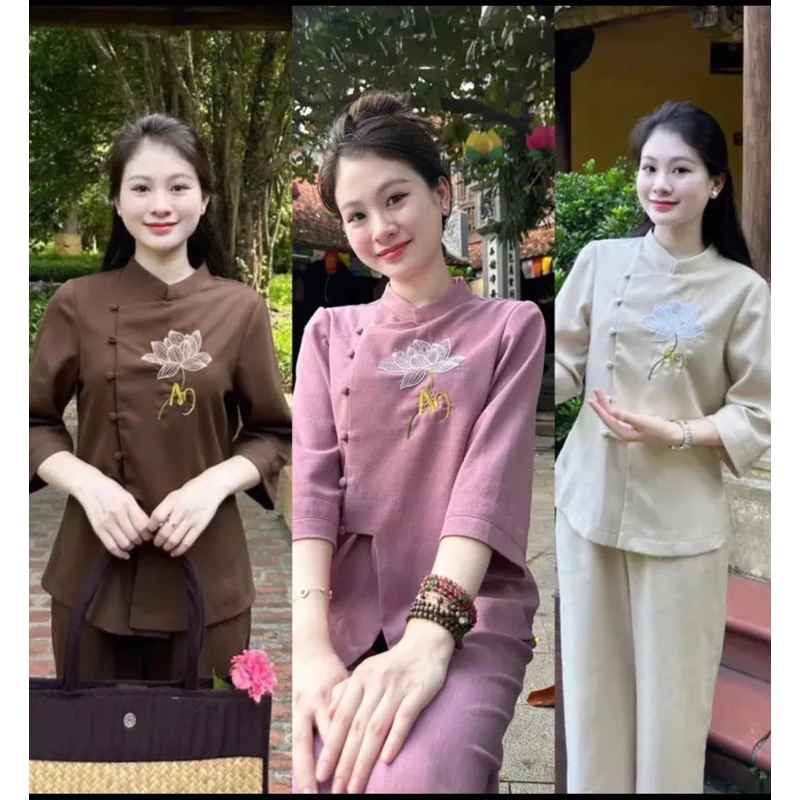 Đồ Lam Đi Chùa, Bộ Phật Tử Lễ Chùa Chất Vải Đũi Tằm Cao Cấp Thêu Sen ''AN'' [HANA BOUTIQUE]