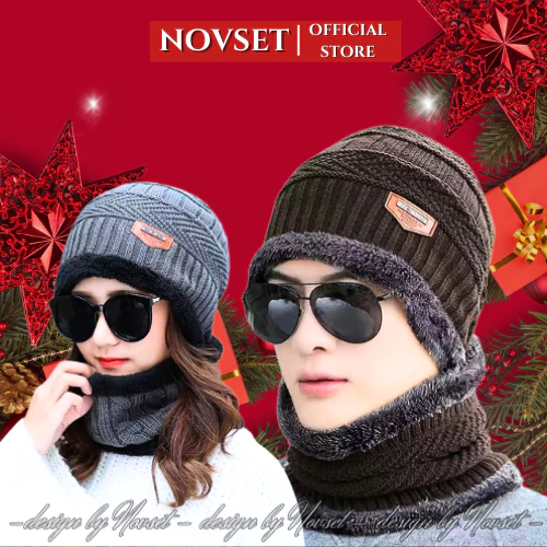 Mũ len nam nữ tặng kèm khăn quàng cổ NOVSET  Nón Len Trùm Đầu Nam Nữ Mùa Đông Chất Liệu Len Cao Cấp