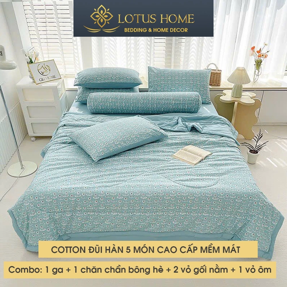 Bộ Chăn ga gối Cotton đũi 5 món chăn chần bông hè mỏng mát cao cấp, ga bọc nệm kích thước m4 m6 m8 2m