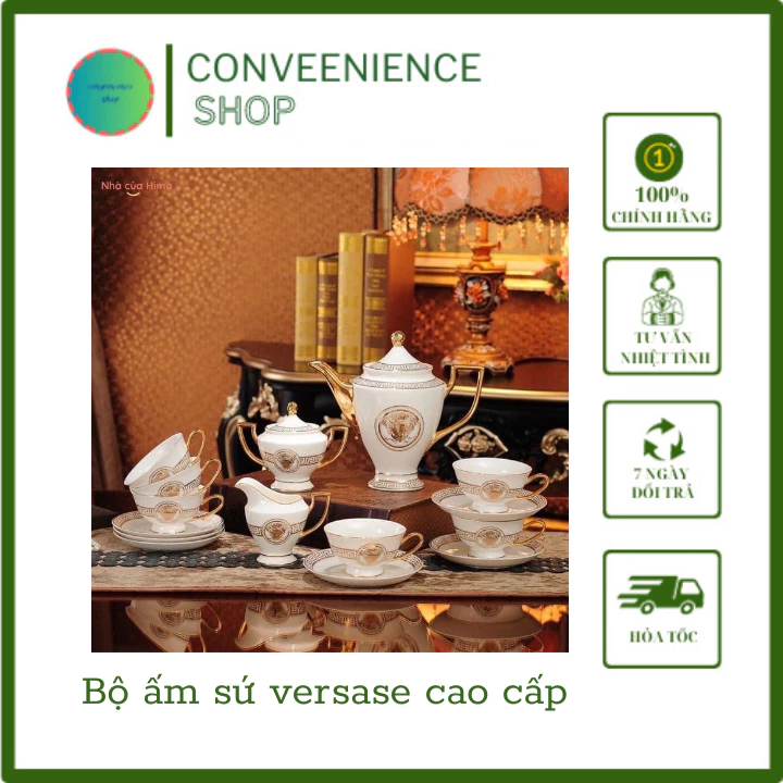 Bộ ấm chén sứ xương cao cấp phong cách Hoàng Gia, Bộ ấm chén VERSACE màu trắng viền vàng quý phái, sang trọng