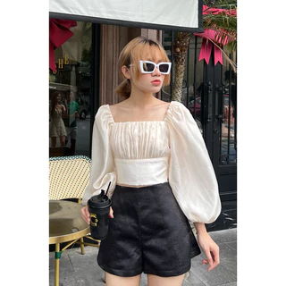 Áo croptop tay phồng croptop chất liệu tơ voan ánh kim màu cam Cera