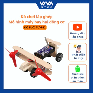 Đồ chơi cho bé trai lắp ráp Máy bay lắp ghép 2 động cơ cánh quạt chất liệu gỗ phát trò chơi sáng tạo khoa học Viva Stem