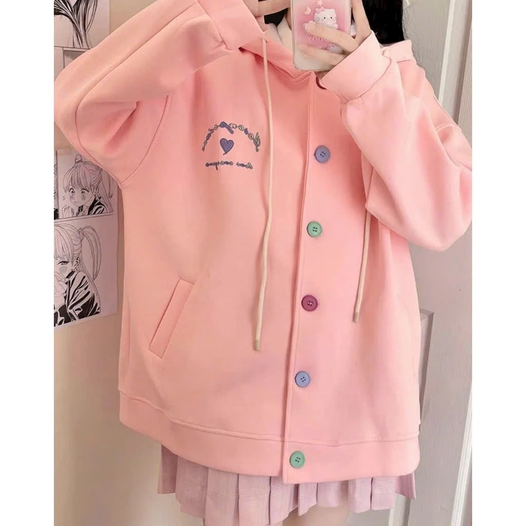 Áo Khoác Nỉ Nút Thêu Form Rộng Unisex Nam Nữ  - Kiểu Áo Cardigan Có Nón Mũ 2 Lớp Thu Đông