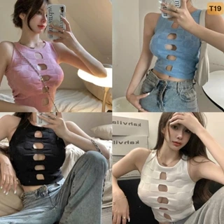 Áo Croptop Dệt Kim Sát Nách Cổ Tròn Dáng Ôm Khoét Lỗ Thời Trang Mùa Hè Quyến Rũ Cho Nữ