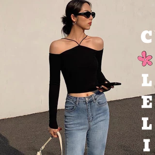 Áo Trễ Vai Dây Chéo Tay Dài Áo Kiểu Nữ Form Dáng Croptop Sexy