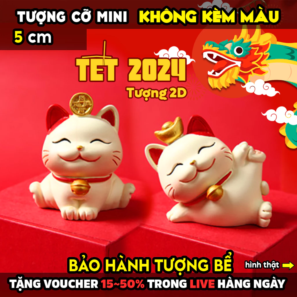 Tượng tô màu, MÈO THẦN TÀI 2D mini, size S, tô tượng thạch cao (Không kèm màu), luyện vẽ, tượng trắng decor