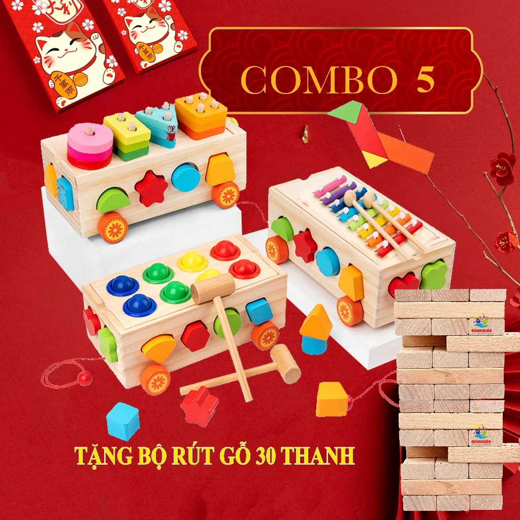 Combo Quà Tết Cho Bé Bộ 3 Xe Kéo Gỗ Tặng Kèm Rút Gỗ Cho Ba Mẹ