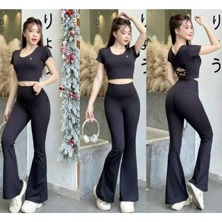 Sét bộ loe áo croptop AT kèm sẵn mút ngực, bộ thể thao đồ tập gym yoga aerobic, đi chơi đi biển dã ngoại chất dày dặn