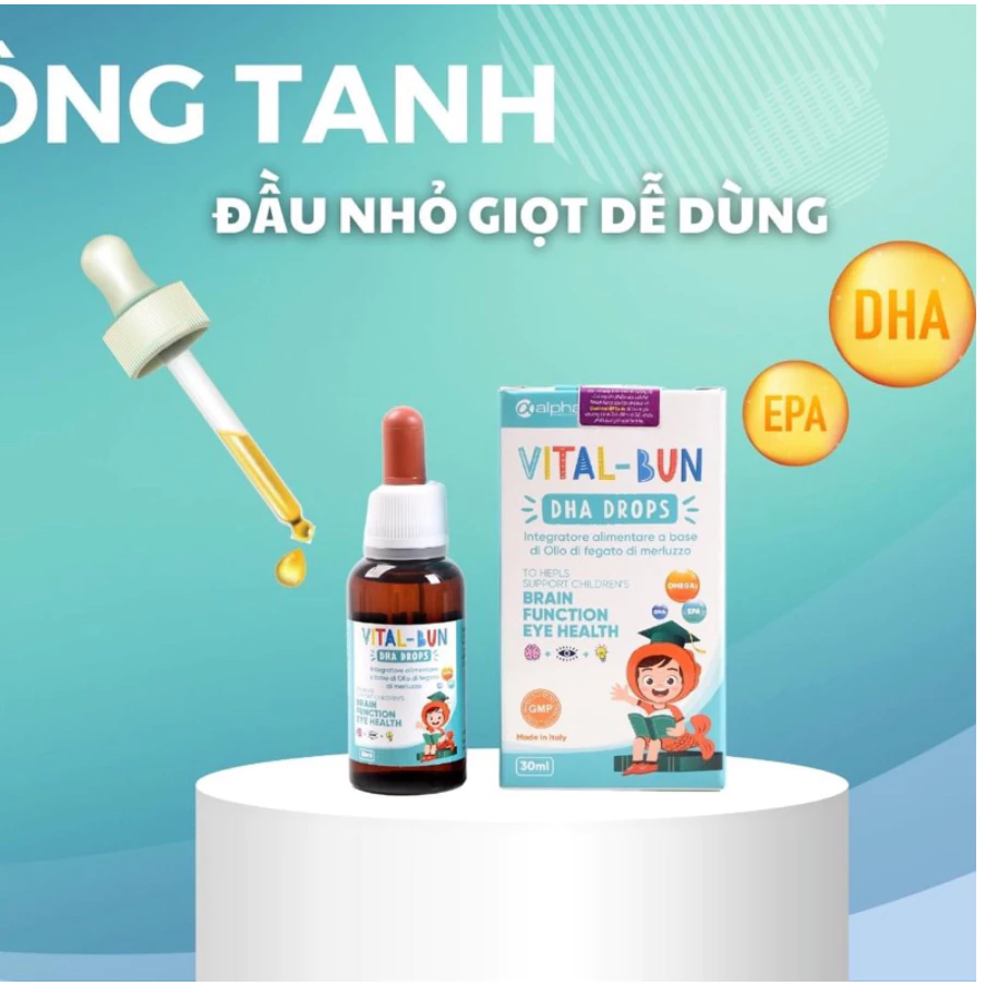 Vital- Bun DHA Drops nhập khẩu Châu Âu dầu gan cá tuyết ko tanh giúp phát triển não bộ, bổ sung omega cho mắt [ LỌ 30ML]