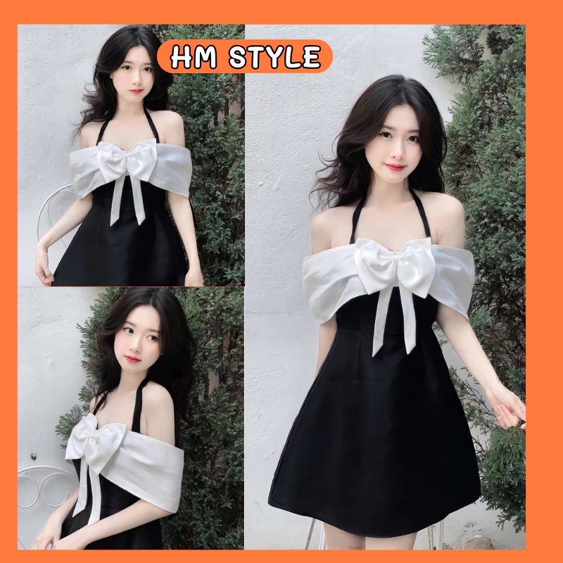 Đầm dự tiệc đi chơi trễ vai nơ ngực, váy bánh bèo dáng xòe chữ A chất tafta giữ form HV365 HMStyle