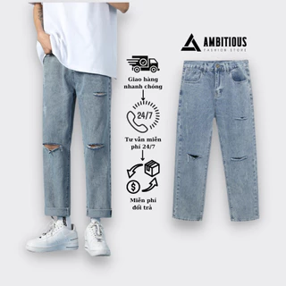 Quần Baggy Nam Rách Gối Ống Suông Dáng Rộng Basic Chất Liệu Jeans Mềm R3 Màu Xanh Nhạt Có Tại Ambitious Store