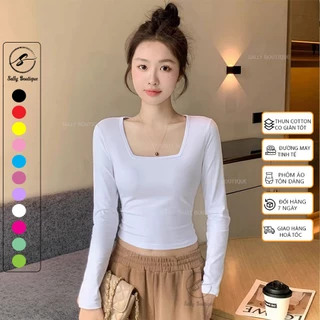 Áo Croptop Nữ Trơn Cổ Vuông Tay Dài Thời Trang Ôm Body Vải Cotton 35/65 Co Giãn Mặc Thoải Mái -CRT026