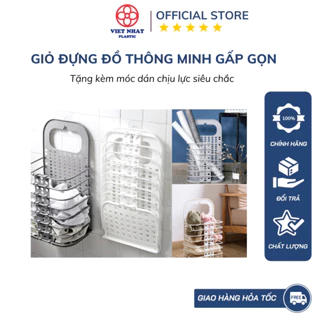 Giỏ đựng đồ gấp gọn thông minh Việt Nhật kèm móc dính (3379), giỏ treo tường đựng quần áo đồ dùng nhà tắm