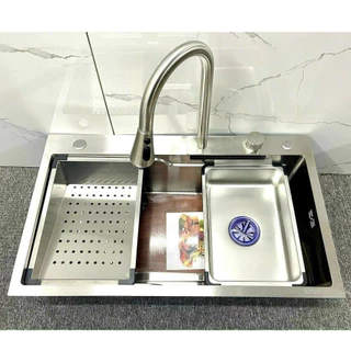 (CHẬU+VÒI) Chậu Rửa Chén Bát 78x46cm INOX 304 LIỀN VÒI 1 hộc CAO CẤP VÀ VÒI RÚT HIỆN ĐẠI  KHAY VÀ THỚT