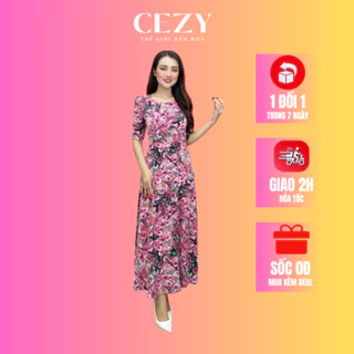 Đầm hoa nhí cổ tròn tay phồng dáng xòe dài có size bigsize CEZY D204