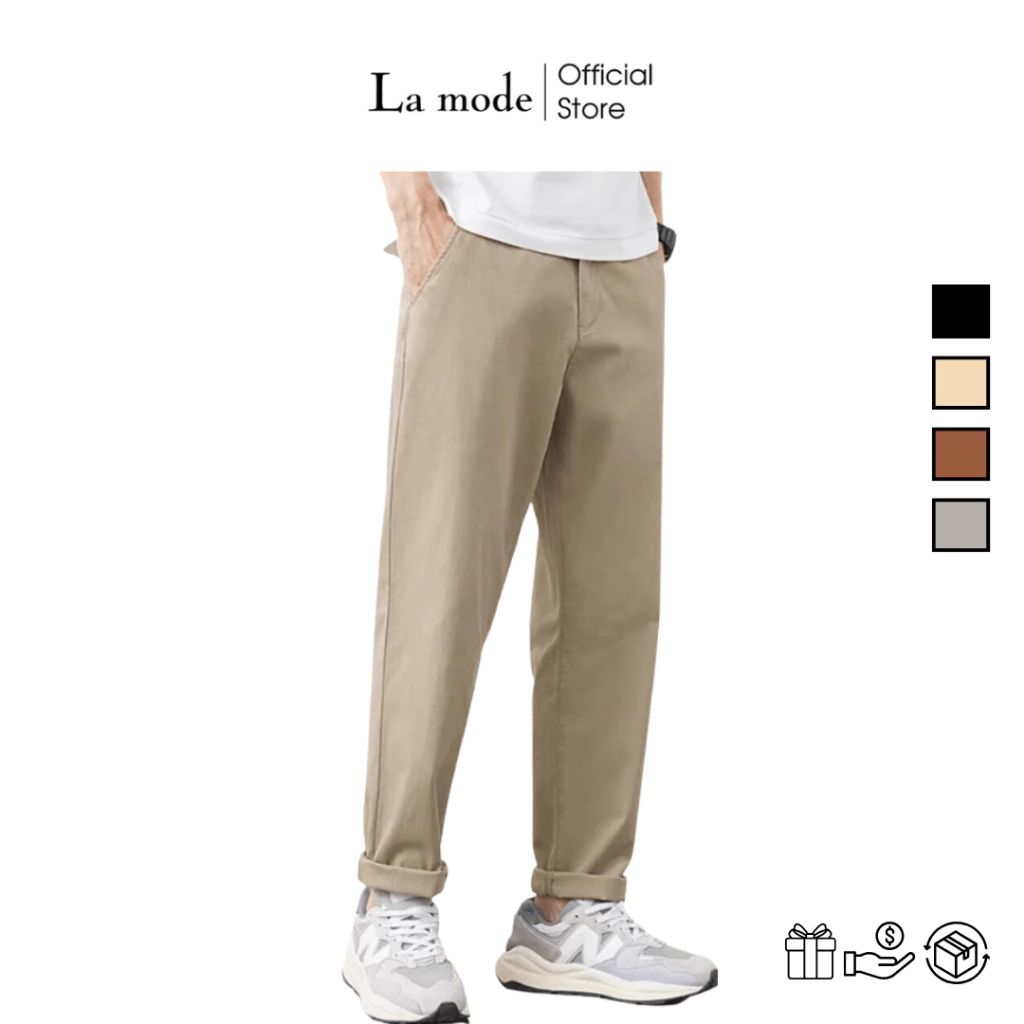 Quần Dài Kaki Ống Suông Basic Màu Trơn Unisex Nam Nữ - Quần Baggy Lưng Thun Mềm Co Dãn - La mode