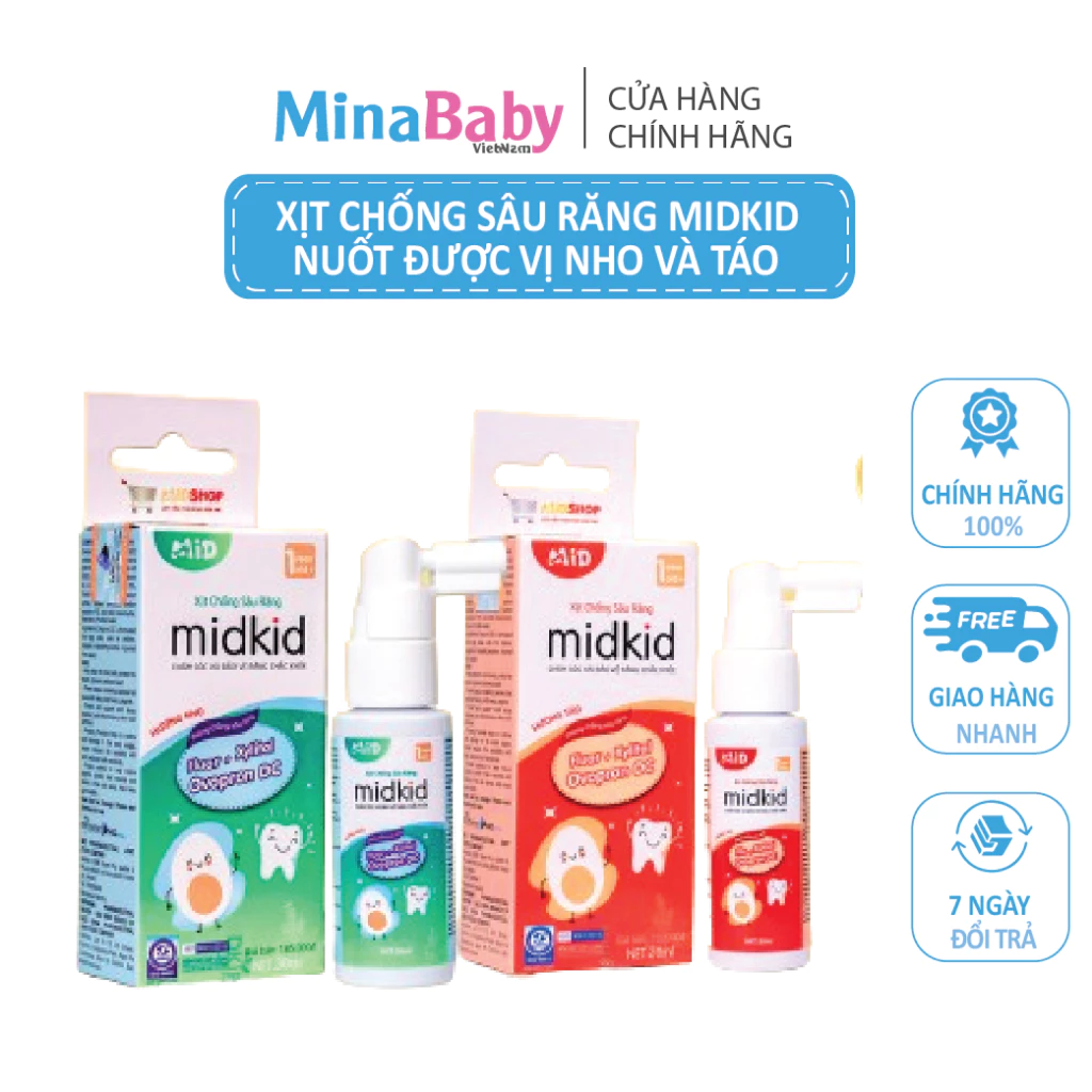 BÌnh xịt chống sâu răng Midkid 30ml có thể nuốt được cho bé từ 12 tháng tuổi