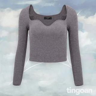 TINGOAN® - Áo len xù dài tay cổ lượn viền xám đậm TIFFANY TOP/GR phiên bản mới nhất tháng 12 năm 2023