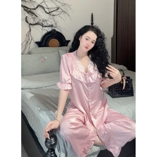 Đồ Bộ Pyjama tiểu thư tay ngắn quần dài chất lụa Latin. Nút ngọc BigSize dưới 65kg