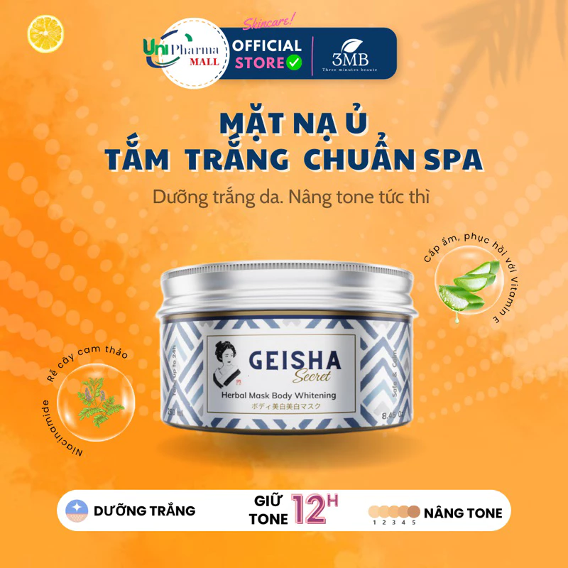 [MUA 1 được 2 từ 3.5 - 10.5] Tắm trắng body dưỡng sáng da 3MB Geisha Secret  250ml dạng mặt nạ ủ trắng 250ml