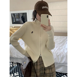 Áo len cardigan có khoá kéo thêu logo con ngựa cute cổ cao dài tay dáng áo basic vừa màu trơn