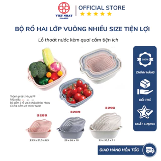 Bộ rổ vuông 2 lớp Việt Nhật (MS:3288/3289/3290) - Bộ rổ kèm chậu hứng nước rửa rau củ đựng hoa quả trái cây