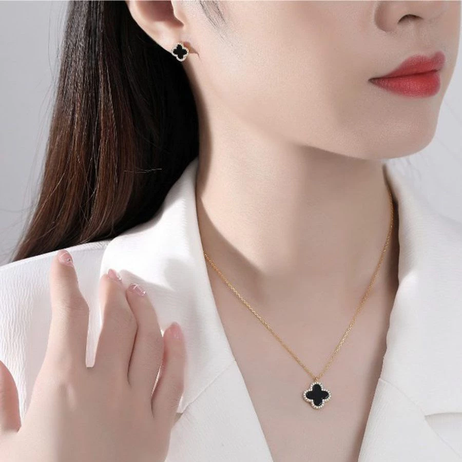 Bộ quà tặng trang sức  Dây chuyền vòng tay khuyên tai Dual Lucky Leaves Rose Gold-Black