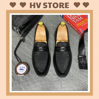 Giày Nam Penny Loafer Vân Xước Hoạ Tiết Đai Cánh Én Sang Trọng - HV STORE