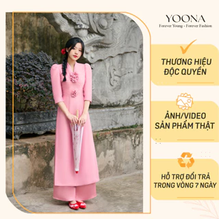 Bộ áo dài Tết hồng phối họa tiết bông hoa to bản chất tafta YOONA - YD25B207