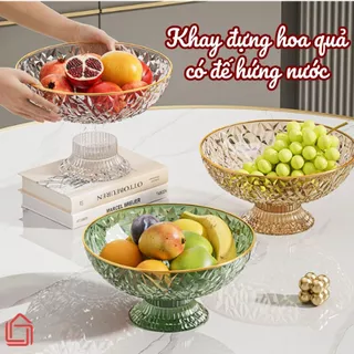 Khay đựng hoa quả có lỗ thoát nước và đế hứng nước thừa, Đĩa đựng bánh kẹo, trái cây trong suốt viền mạ vàng cao cấp