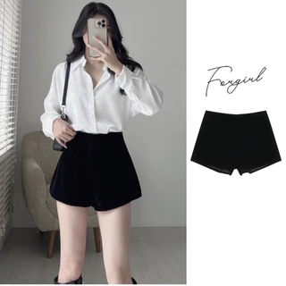 Quần short nhung Forgirl cạp cao dáng xoè kéo khóa cạp cao tôn eo T018