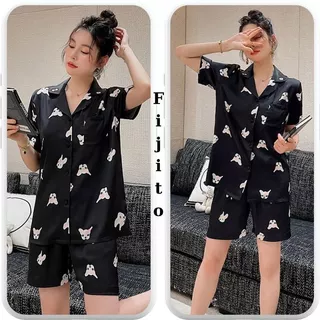 Đồ ngủ nữ pijama mặc nhà lụa satin màu xanh than hoạ tiết cún sang chảnh hàng Quang Châu cao cấp FIJITO BN003